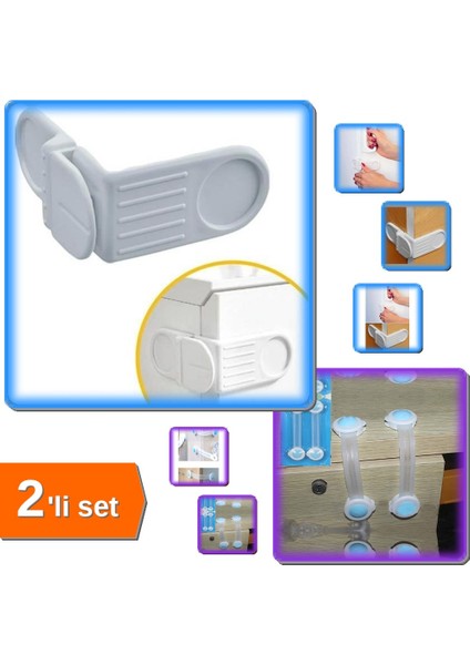 Dolap ve Çekmece Koruyucu Kilit 2'li Set Kendinden Yapışkanlı Vidasız Montajsız Çözüm Z1T5V6