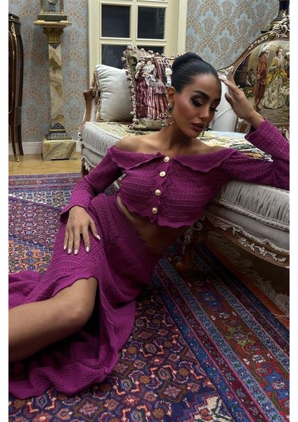 Madonna Yaka Derin Yırtmaç Etekli Şık Triko Takım 10099