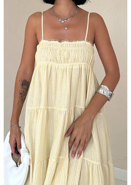 Sarı Askılı Parçalı Çizgili Müslin Elbise modelleri