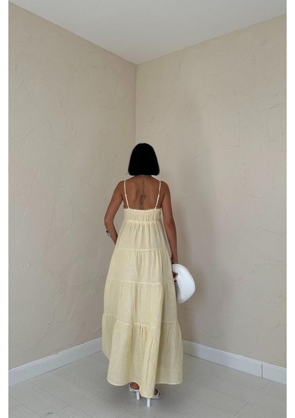 Sarı Askılı Parçalı Çizgili Müslin Elbise fırsatları