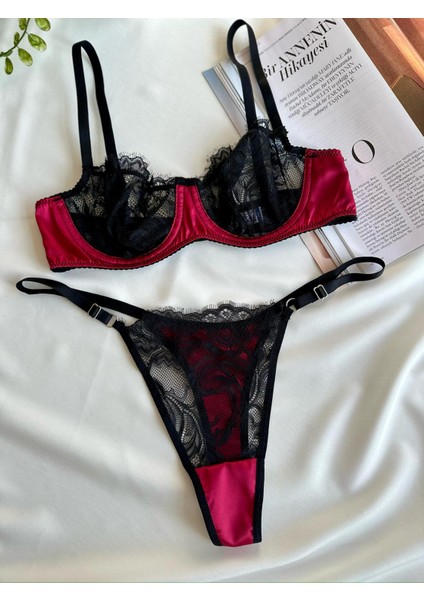 Kadın Siyah Bordo Balenli Dantelli Iç Çamaşır Takımı