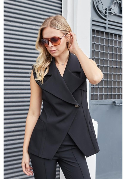 Kadın Geniş Yakalı Cepli Kruvaze Düğmeli Hafif Esnek Kumaş Şık Yelek-Siyah modelleri