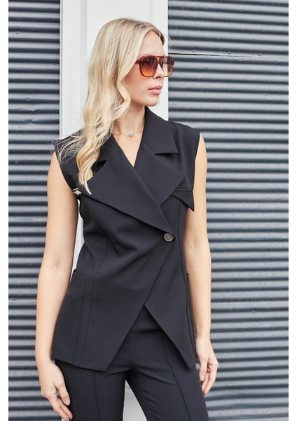 Kadın Geniş Yakalı Cepli Kruvaze Düğmeli Hafif Esnek Kumaş Şık Yelek-Siyah fırsatları