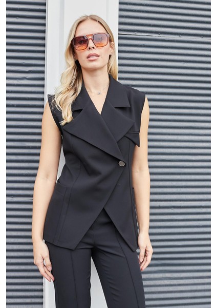 Kadın Geniş Yakalı Cepli Kruvaze Düğmeli Hafif Esnek Kumaş Şık Yelek-Siyah indirimleri