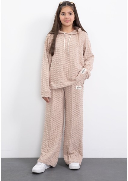 Krem Kız Çocuk Dokulu Geniş Paça Kapüşonlu Eşofman Takımı 23303