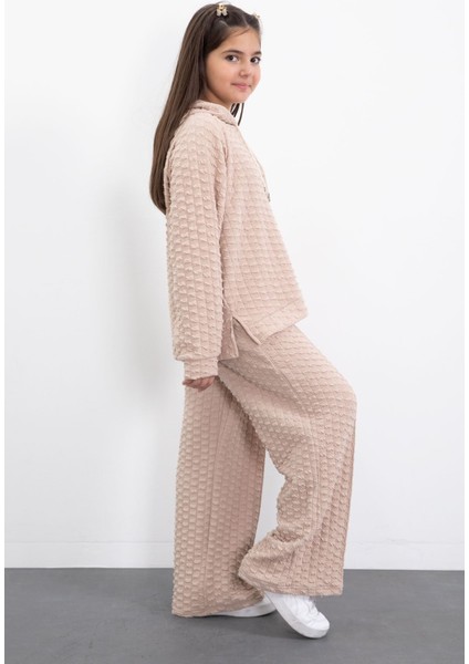 Krem Kız Çocuk Dokulu Geniş Paça Kapüşonlu Eşofman Takımı 23303 fırsatları
