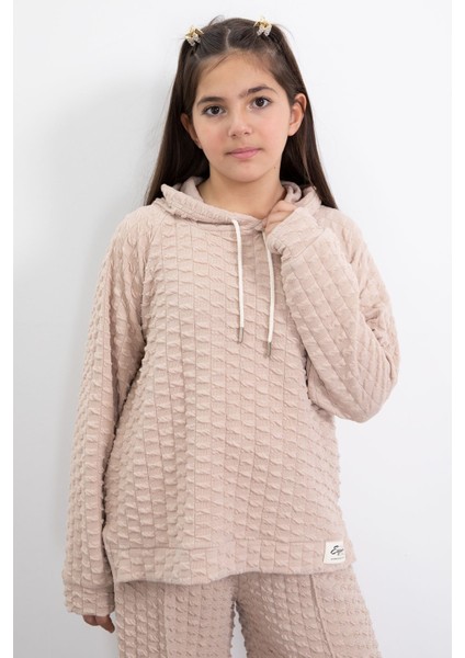 Krem Kız Çocuk Dokulu Geniş Paça Kapüşonlu Eşofman Takımı 23303 indirimleri