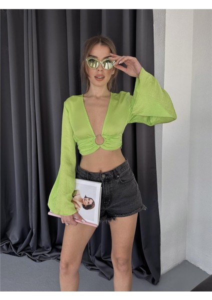 Saten Crop Toka Detaylı Bluz - Yeşil