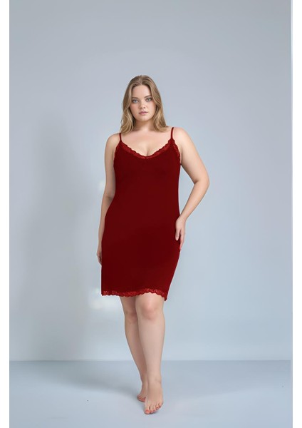 Kadın Battal Viskon Ip Askılı Dantelli Gecelik