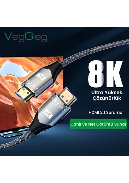8K 60Hz 4K 120Hz 48 Gbps HDR ARC HDCP Örgülü HDMI 2.1 Kablo 3 Metre modelleri