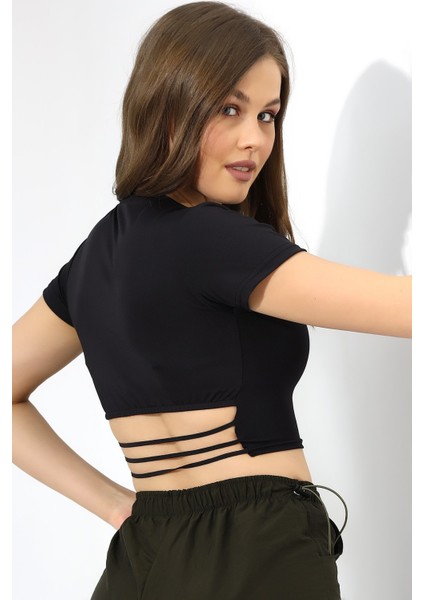 Bel Lastik Detaylı Body Crop Kısa Kollu