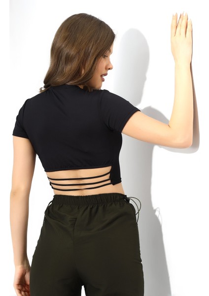 Bel Lastik Detaylı Body Crop Kısa Kollu