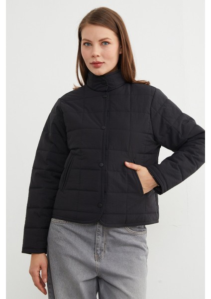 Kare Kapitone Desen Dik Yaka Mont