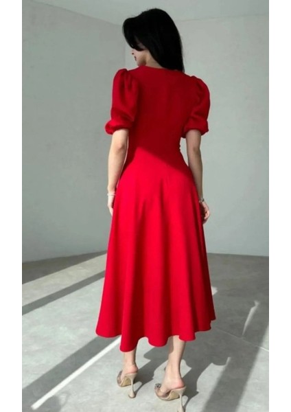 Kadın Kısa Balon Kollu Bisiklet Yaka Geniş Kesim Janjan Krep Elbise modelleri