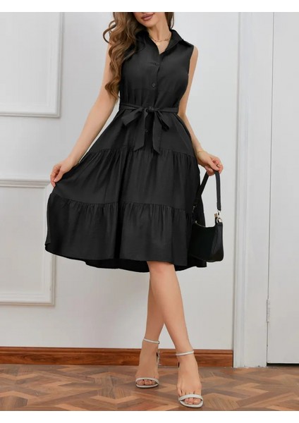 Kadın Kısa Kollu Gömlek Yaka Düğmeli Beli Kuşaklı Katlı Dokuma Midi Elbise indirimleri