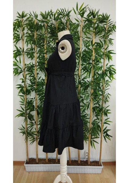 Kadın Kısa Kollu Gömlek Yaka Düğmeli Beli Kuşaklı Katlı Dokuma Midi Elbise