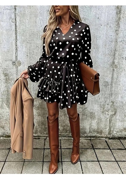 Kadın Uzun Kollu V Yakalı Belden Kuşaklı Puantiyeli Mini Modal Elbise fiyatları