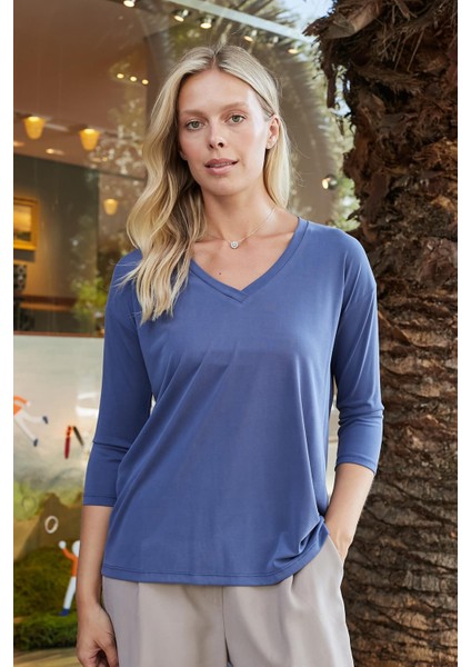Kadın Kaliteli Modal Esnek Kumaş V Yaka Düşük Omuzlu Kapri Truvakar Kol Hafif Salaş Bluz-Indigo