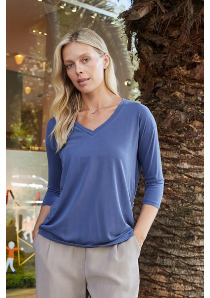 Kadın Kaliteli Modal Esnek Kumaş V Yaka Düşük Omuzlu Kapri Truvakar Kol Hafif Salaş Bluz-Indigo fiyatları