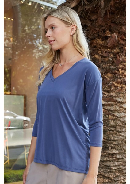 Kadın Kaliteli Modal Esnek Kumaş V Yaka Düşük Omuzlu Kapri Truvakar Kol Hafif Salaş Bluz-Indigo modelleri