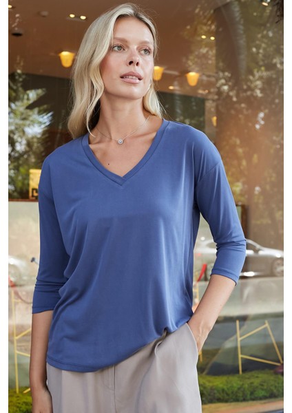 Kadın Kaliteli Modal Esnek Kumaş V Yaka Düşük Omuzlu Kapri Truvakar Kol Hafif Salaş Bluz-Indigo indirimleri