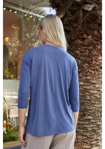 Kadın Kaliteli Modal Esnek Kumaş V Yaka Düşük Omuzlu Kapri Truvakar Kol Hafif Salaş Bluz-Indigo