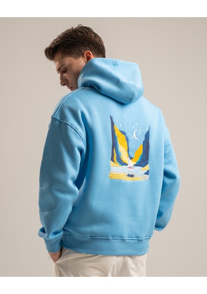 Voyage Erkek Yumusaçık Kumaşlı Kapüşonlu Oversize Fit Nakışlı Mavi Sweatshirt