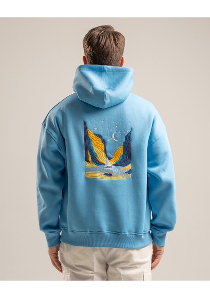 Voyage Erkek Yumusaçık Kumaşlı Kapüşonlu Oversize Fit Nakışlı Mavi Sweatshirt fırsatları