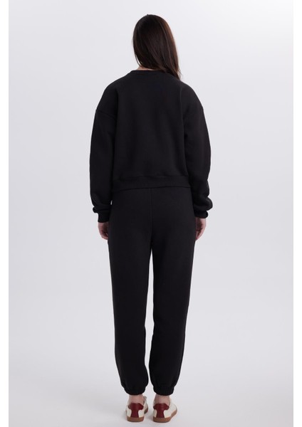 Kadın Regular Fit Pamuklu 3 Iplik Yumuşak Dokulu Içi Polarlı Bisiklet Yaka Siyah Eşofman Takımı