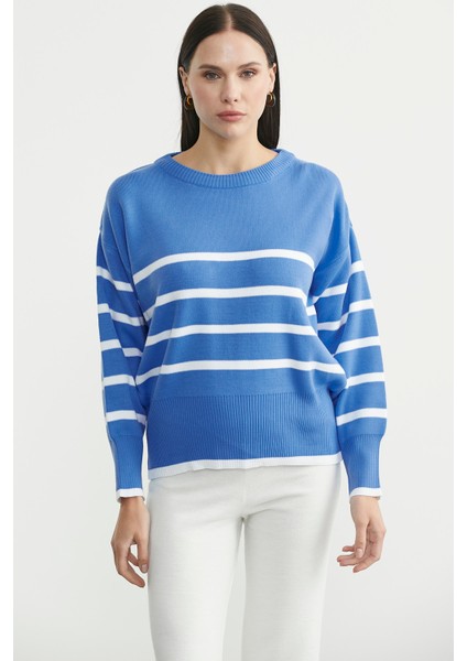 Oversize Çizgi Detaylı Triko Kazak - Mavi