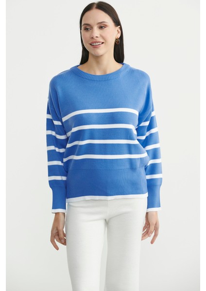 Oversize Çizgi Detaylı Triko Kazak - Mavi fiyatları