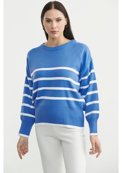 Oversize Çizgi Detaylı Triko Kazak - Mavi modelleri