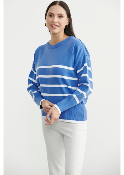 Oversize Çizgi Detaylı Triko Kazak - Mavi fırsatları