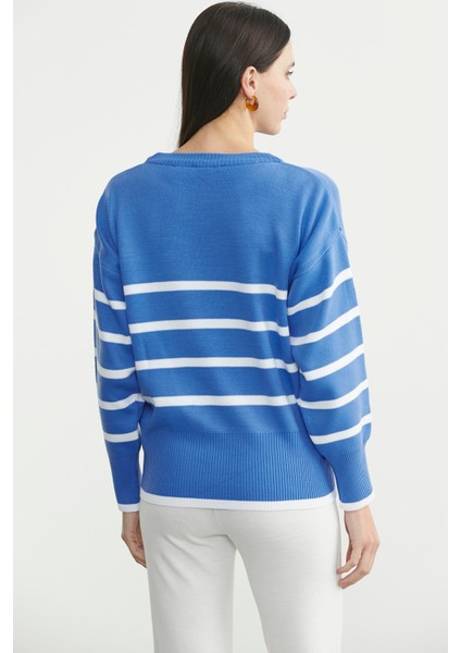 Oversize Çizgi Detaylı Triko Kazak - Mavi indirimleri