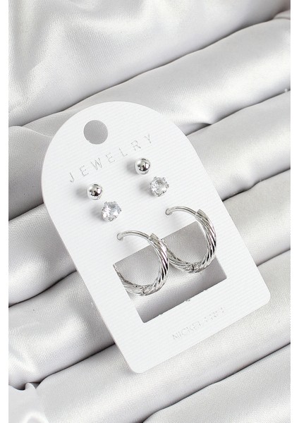 Pirinç Zirkon Taş Ve Halka Figürlü Gümüş Renk 3'lü Çift Kadın Küpe Set - TJ-BKP10646