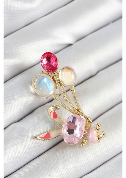 Zirkon Taşlı Balonlu Pembe Tavşan Figürlü Gold Renk Kadın Broş - TJ-BR451