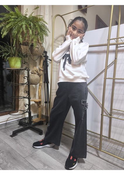 Kız Çocuk Bol Paça Kot Pantolonlu Takım (Sweatshirt+ Beli Lastikli Pantolon) Kurdeleli Siyah fiyatları