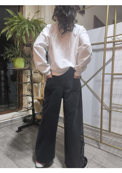 Kız Çocuk Bol Paça Kot Pantolonlu Takım (Sweatshirt+ Beli Lastikli Pantolon) Kurdeleli Siyah modelleri