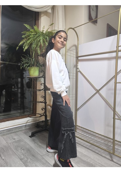 Kız Çocuk Bol Paça Kot Pantolonlu Takım (Sweatshirt+ Beli Lastikli Pantolon) Kurdeleli Siyah fırsatları