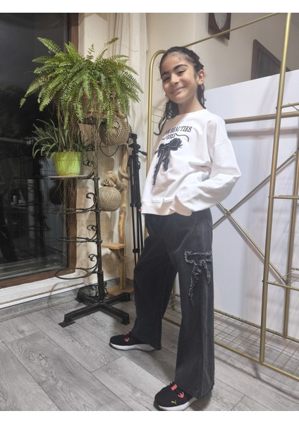 Kız Çocuk Bol Paça Kot Pantolonlu Takım (Sweatshirt+ Beli Lastikli Pantolon) Kurdeleli Siyah indirimleri