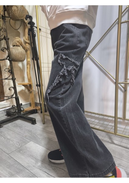 Kız Çocuk Bol Paça Kot Pantolonlu Takım (Sweatshirt+ Beli Lastikli Pantolon) Kurdeleli Siyah