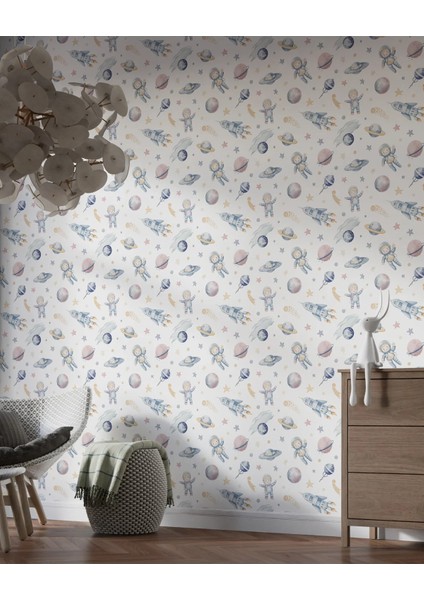 Uzay Temalı Çocuk Odası Duvar Kumaşı -Isı ve Ses Yalıtımlı