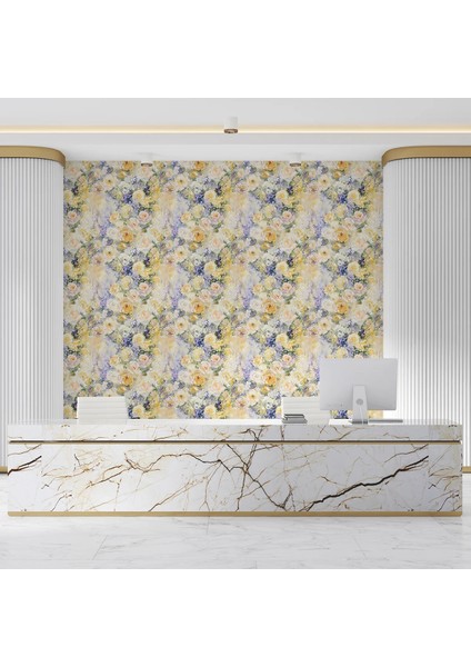 Sarı Beyaz Gül Desenli Duvar Kumaşı -Isı ve Ses Yalıtımlı
