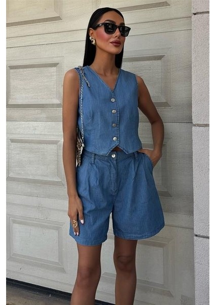 Gümüş Düğmeli Yelek ve Şort Tensel Takım 10174 fiyatları