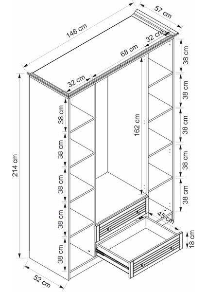 Bona Country 4 Mebran Kapaklı 2 Çekmeceli Gardırop-Beyaz