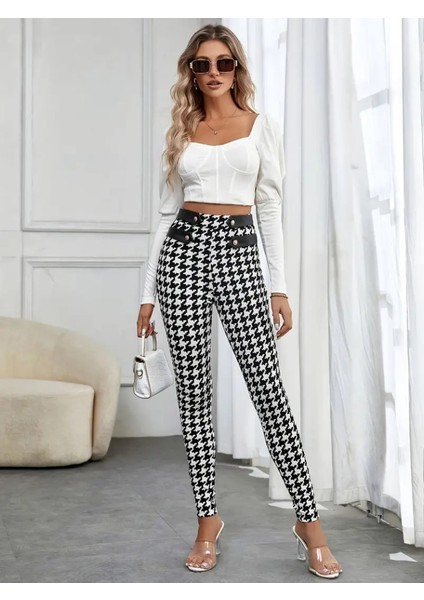 Kadın Yüksek Bel Kaz Ayağı Desenli Yan Şerit Düğme Detaylı Dalgıç Pantolon