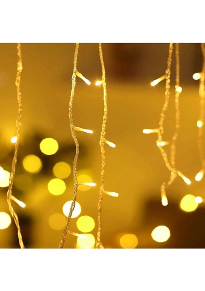 Perde LED Işık Sarı Gün Işığı 4 Metre 50X60X70 Saçak Gün Işığı 96 Ledli Saçaklı LED 8 Fonksiyonlu