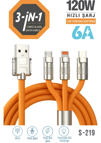 “120W 3’ü 1 Arada Hızlı Şarj Kablosu | 6A Akım – Type-C, Lightning, Micro USB Uyumlu – LED Gösterge, Dayanıklı Çinko Alaşım