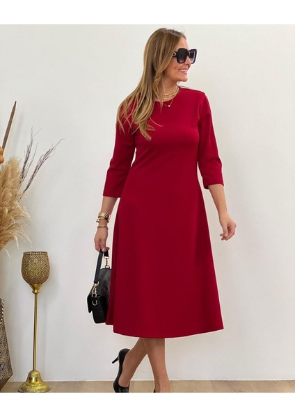 Kadın Uzun Truvakar Kol Bisiklet Yaka Midi Modal Elbise