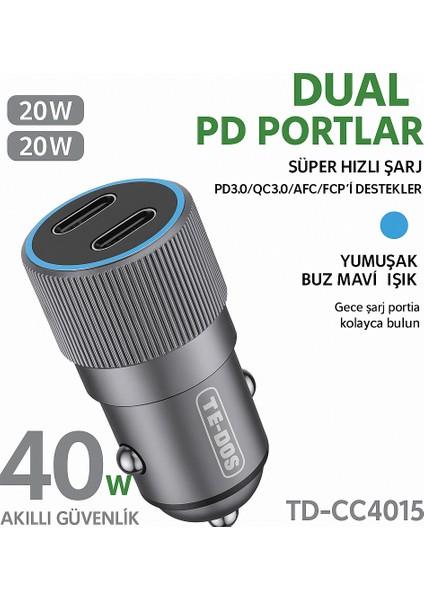 40W Çift Pd Portlu Araç Şarj Cihazı 2X20W Hızlı Şarj Pd3.0 Qc3.0 Destekli Metal Gövde